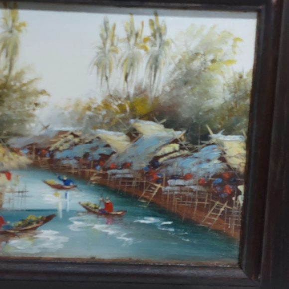 Unsigned Thailand Southeast Asia Canal Oil Painting Framed Vintage Village Scene - Picture 2 of 4